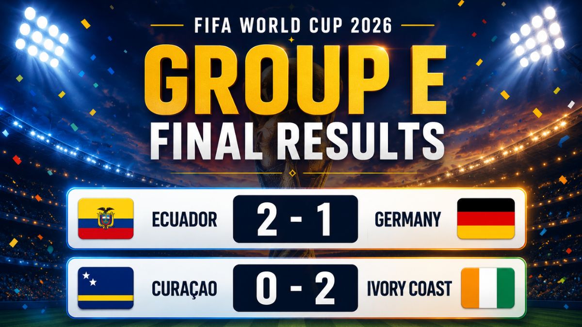 FIFA World Cup 2026 Group E results showing Ecuador's 2-1 win over Germany and Ivory Coast's 2-0 victory over Curaçao as Germany finish top of Group E and Ivory Coast qualify for the Round of 32.