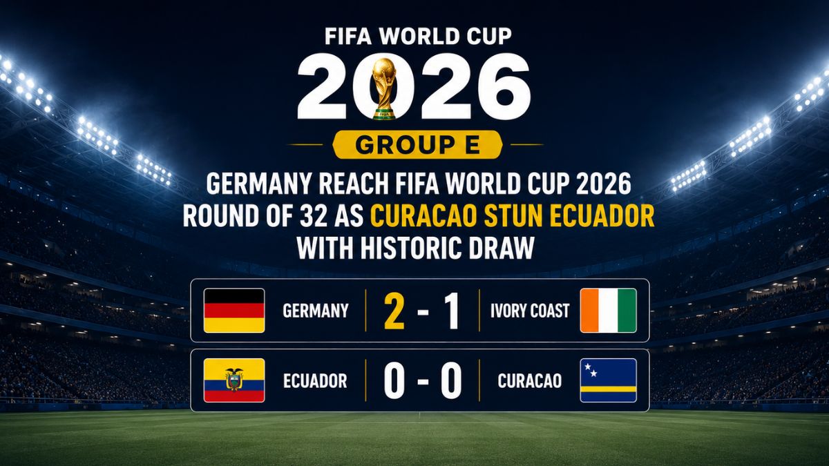 Germany 2-1 Ivory Coast and Ecuador 0-0 Curacao in FIFA World Cup 2026 Group E, featuring national flags and final match scorelines.