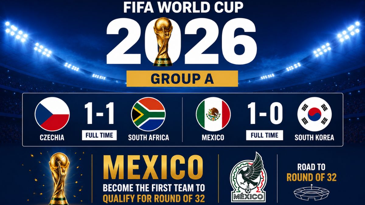 Mexico 1-0 South Korea and Czechia 1-1 South Africa in FIFA World Cup 2026 Group A, featuring national flags and final match scorelines.