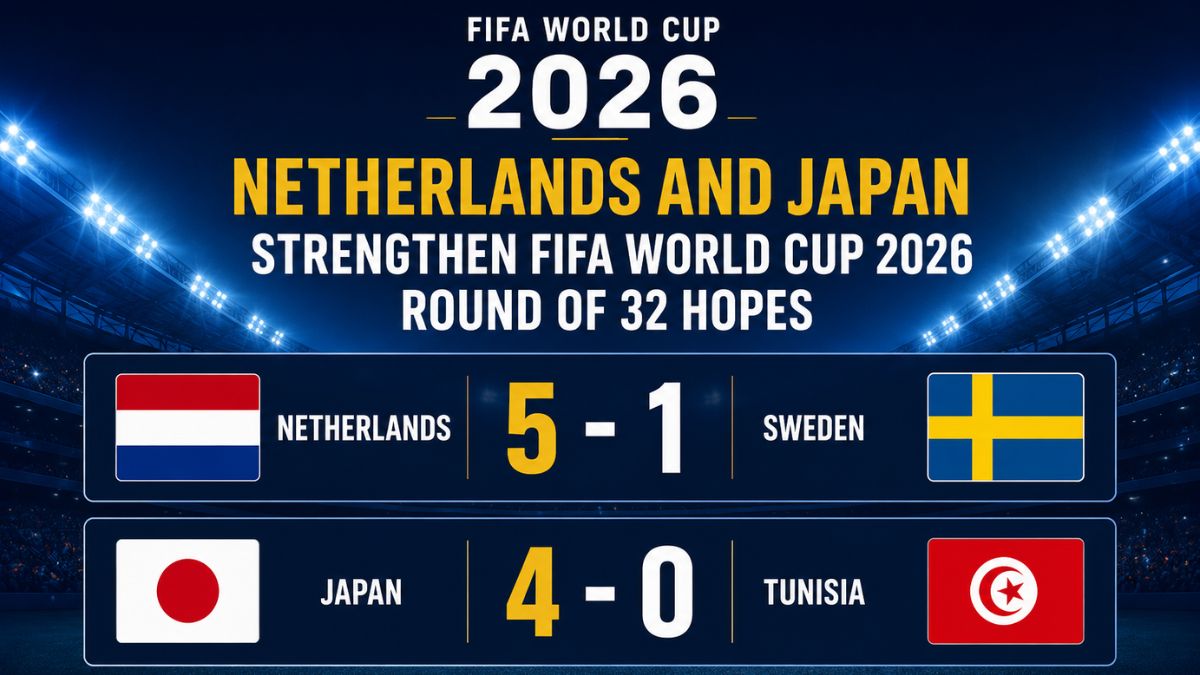 Netherlands 5-1 Sweden and Japan 4-0 Tunisia in FIFA World Cup 2026 Group F, featuring national flags and final match scorelines.
