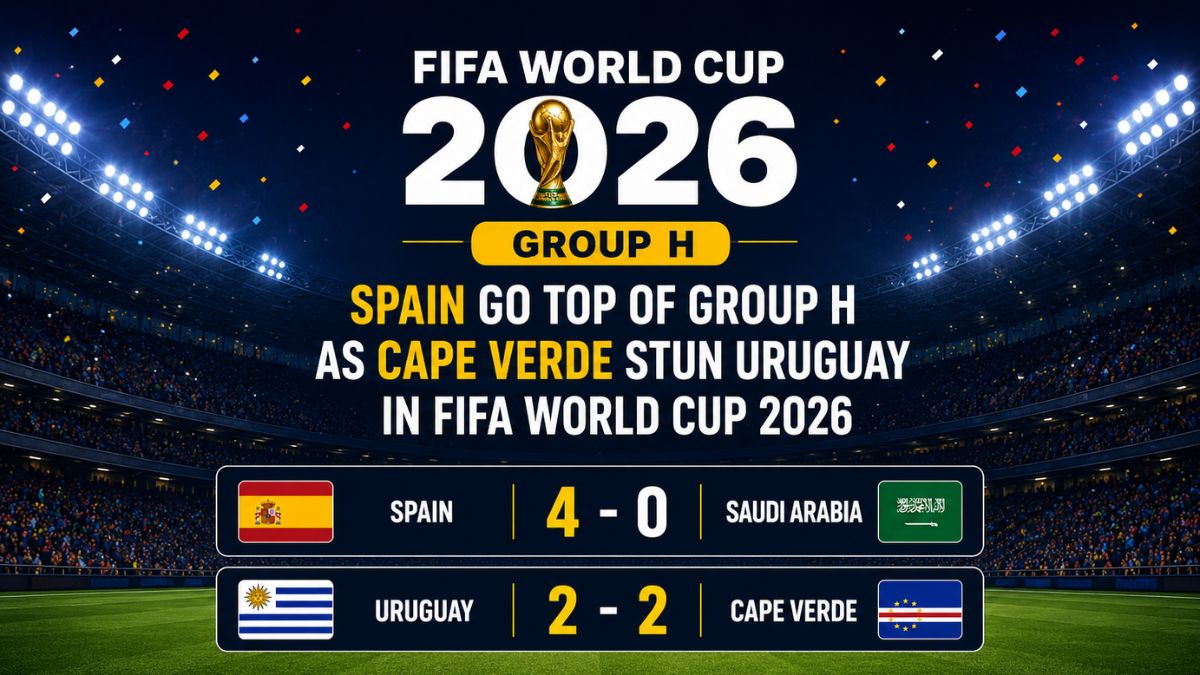 Spain 4-0 Saudi Arabia and Uruguay 2-2 Cape Verde in FIFA World Cup 2026 Group H, featuring national flags and final match scorelines.