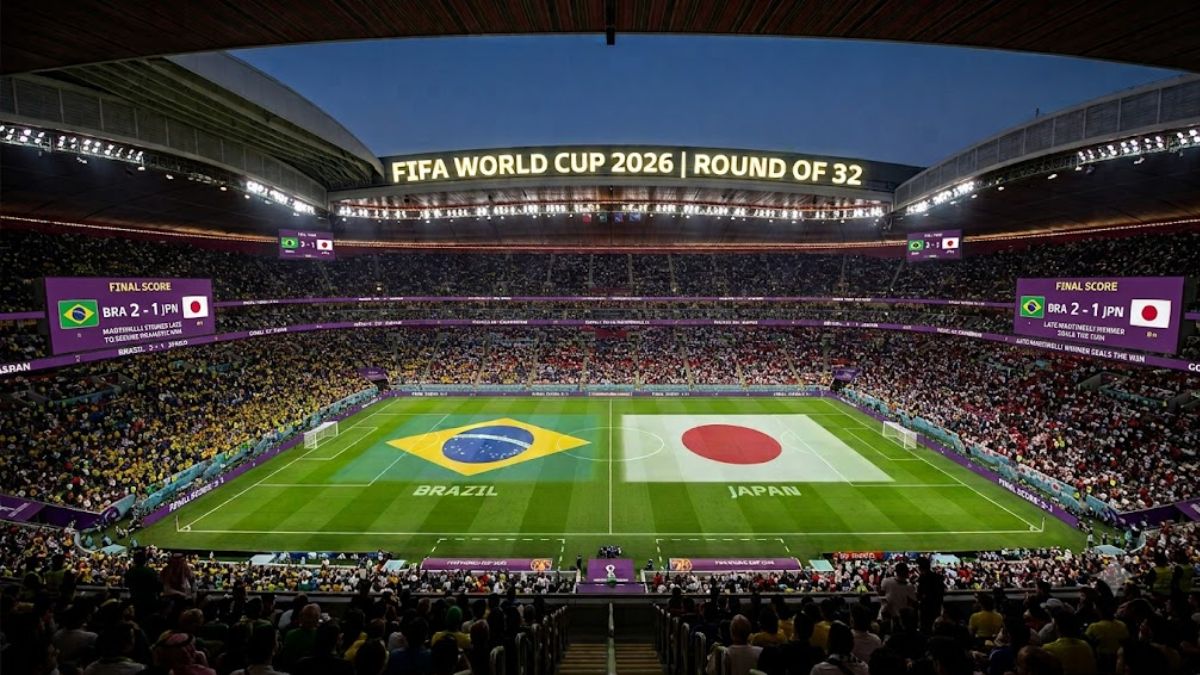 Match statistics infographic for Brazil vs Japan 2-1 football match at World Cup 2026