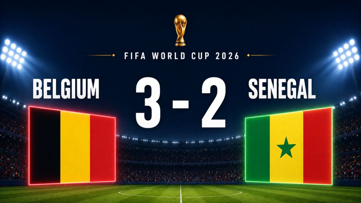 Belgium vs Senegal FIFA World Cup 2026 Round of 32 featured image showing Belgium's dramatic 3-2 extra-time comeback victory to qualify for the Round of 16.